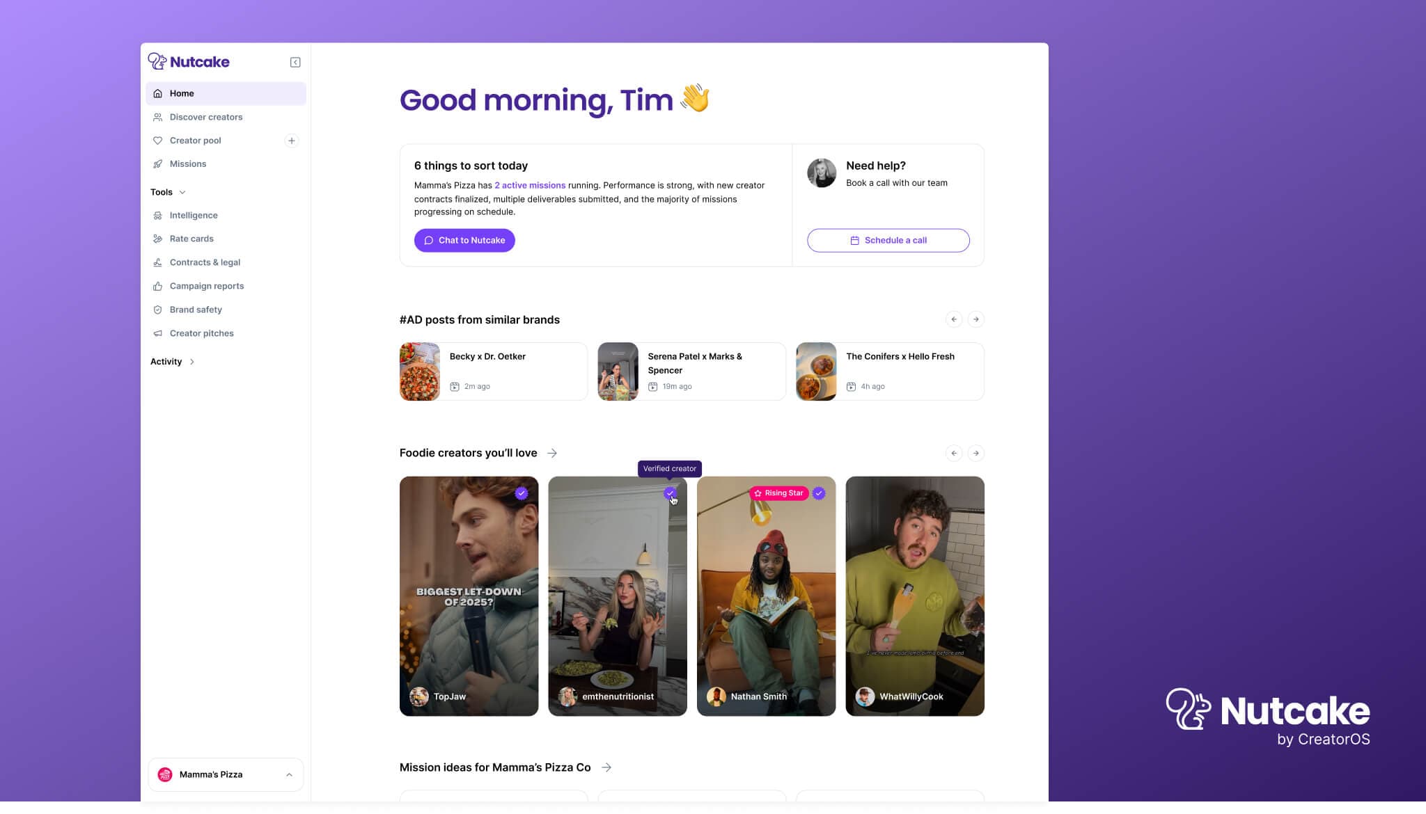 Brand dashboard for discovering creators, managing campaigns and reviewing insights