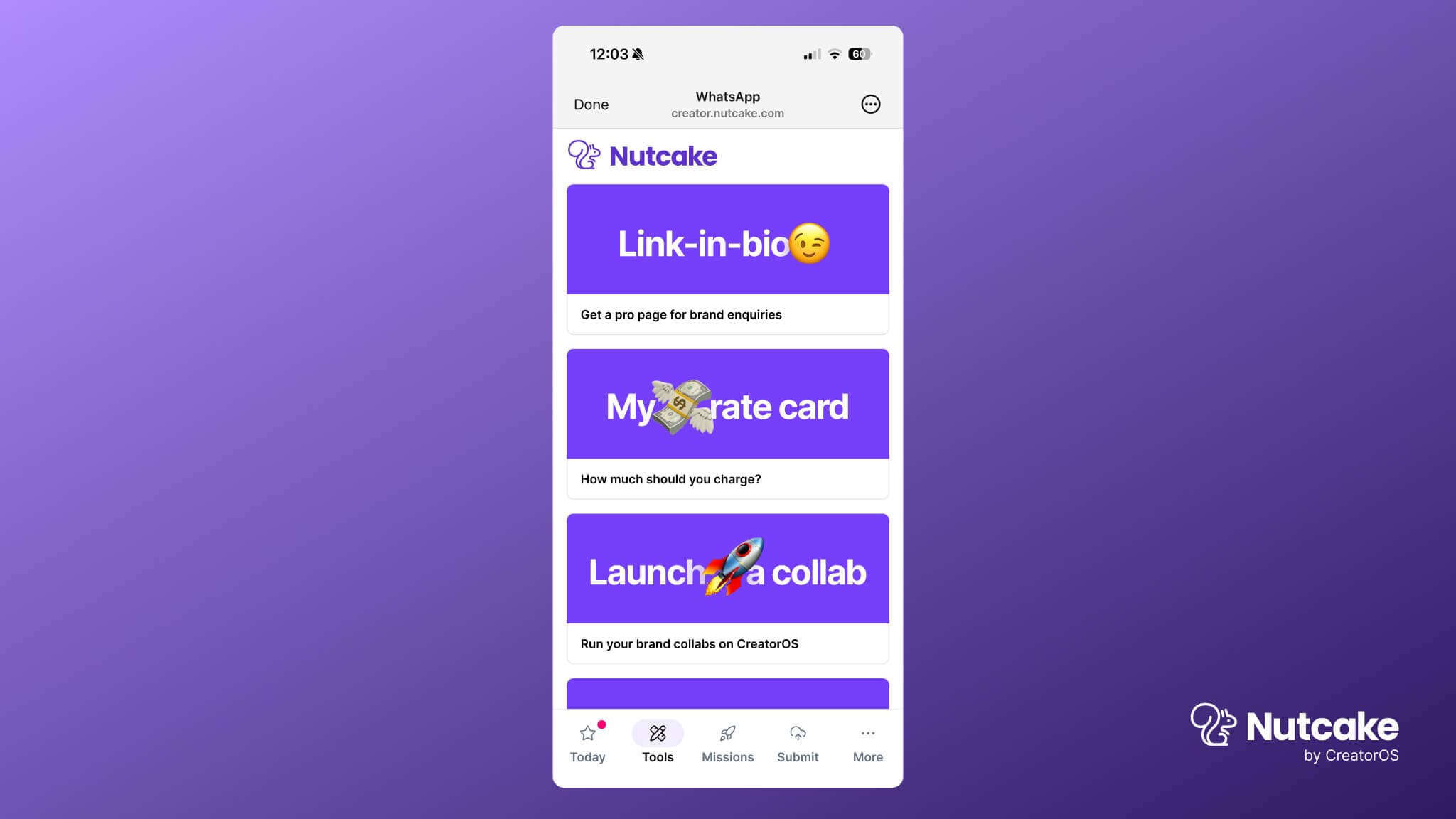 Creator app dashboard for managing rate cards, collaborations and creator tools
