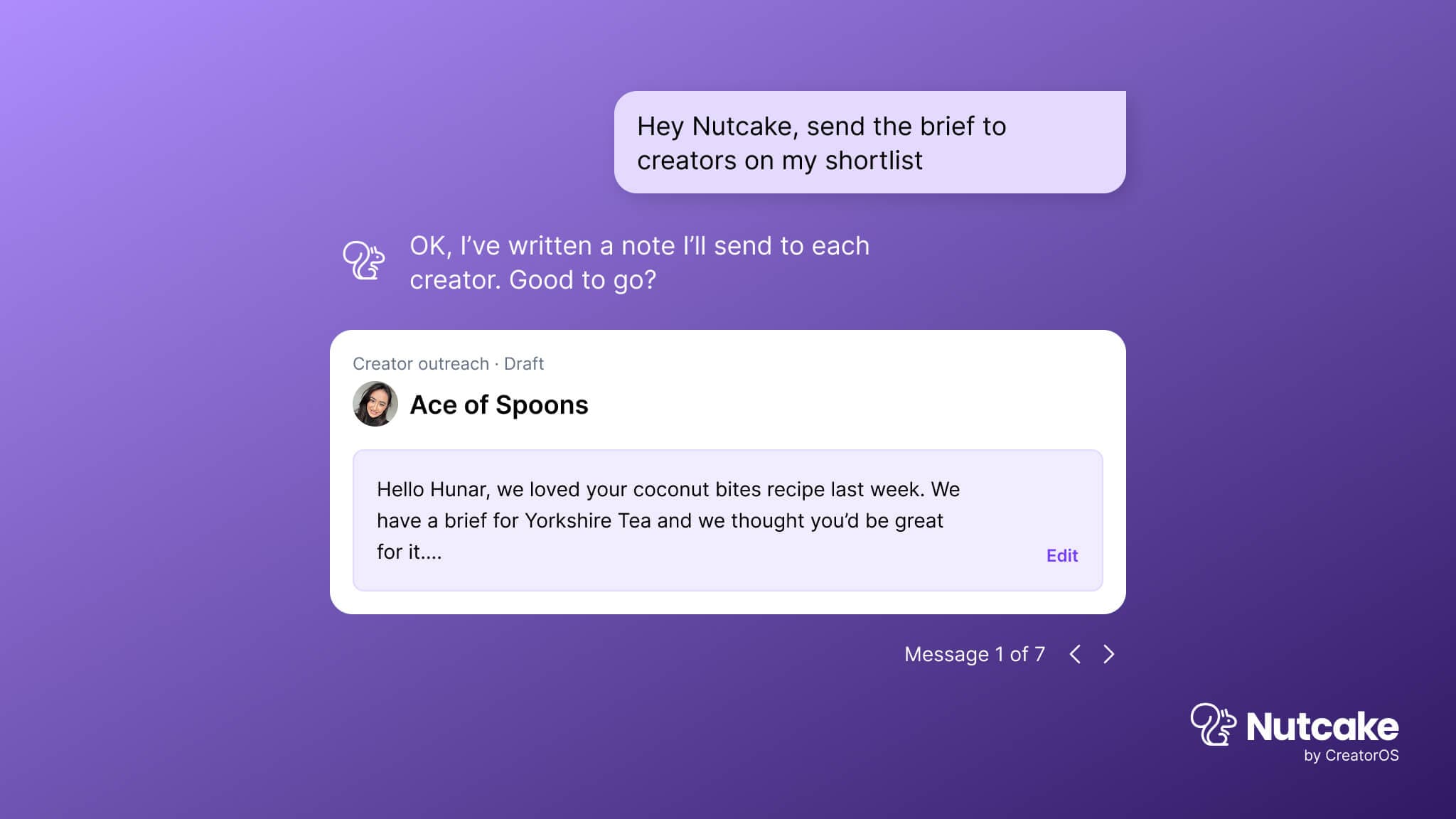Nutcake's outreach agent sending messages to creators on WhatsApp at scale